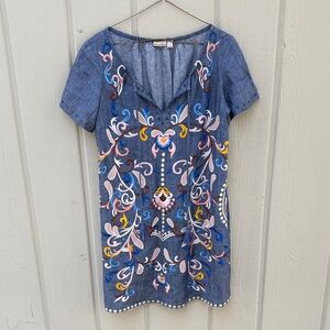 HOLDING HORSES Anthropologie Blue Dress with Multicolor Embroidery